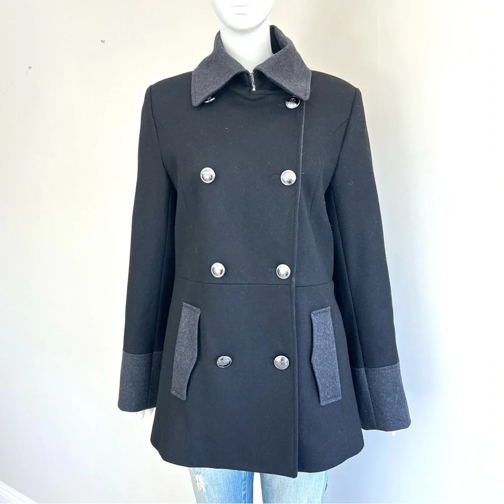 NAUTICA Women's Black Gray Trim Wool Blend Double Breasted Button Peacoat Sz M